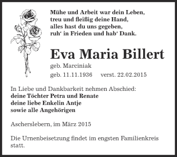 Traueranzeige von Eva Maria Billert von Super Sonntag Aschersleben