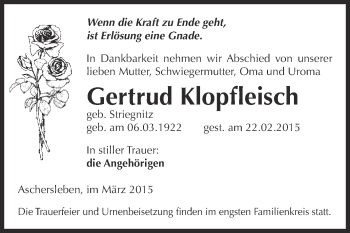 Traueranzeige von Gertrud Klopfleisch von Super Sonntag Aschersleben
