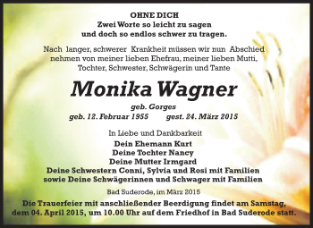 Traueranzeige von Monika Wagner von WVG - Wochenspiegel Quedlinburg