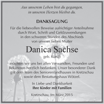 Traueranzeige von Danica Sachse von Super Sonntag Zeitz