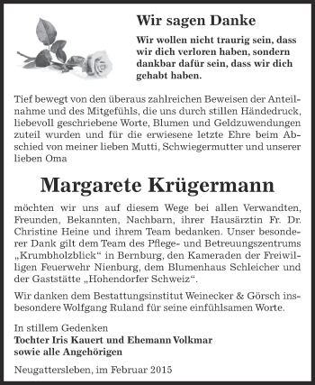 Traueranzeige von Margarete Krügermann von Super Sonntag Bernburg