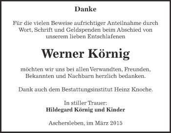 Traueranzeige von Werner Körnig von Super Sonntag Aschersleben