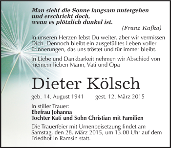 Traueranzeige von Dieter Kölsch von Mitteldeutsche Zeitung Bitterfeld