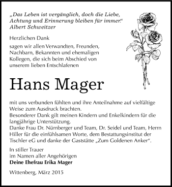 Traueranzeige von Hans Mager von Mitteldeutsche Zeitung Wittenberg