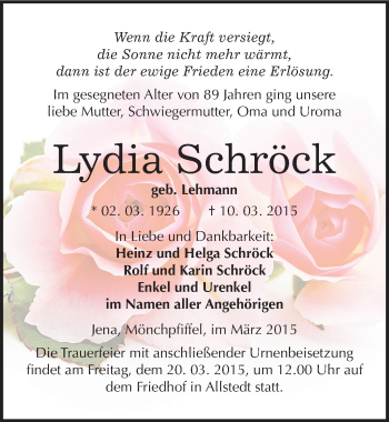 Traueranzeige von Lydia Schröck von Mitteldeutsche Zeitung Sangerhausen