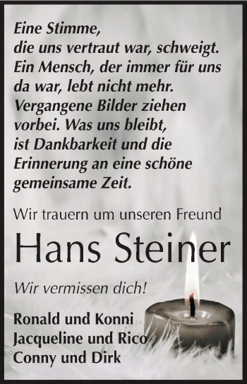 Traueranzeige von Hans Steiner von Mitteldeutsche Zeitung Zeitz