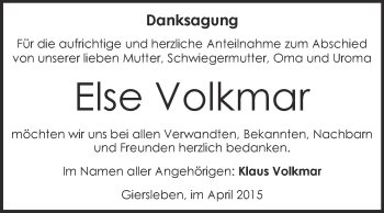 Traueranzeige von Else Volkmar von Super Sonntag Aschersleben