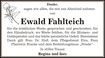 Traueranzeige von Ewald Fahlteich von WVG - Wochenspiegel Dessau / Köthen