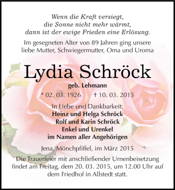 Traueranzeige von Lydia Schröck von Super Sonntag SGH Mansf. Land