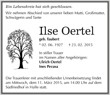 Traueranzeige von Ilse Oertel von Mitteldeutsche Zeitung Halle/Saalkreis