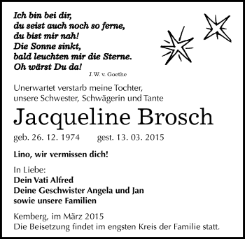 Traueranzeige von Jacqueline Brosch von Mitteldeutsche Zeitung Wittenberg