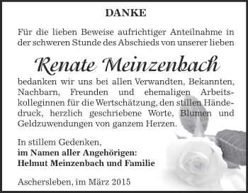 Traueranzeige von Renate Meinzenbach von Super Sonntag Aschersleben