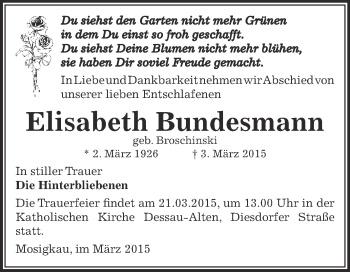 Traueranzeige von Elisabeth Bundesmann von WVG - Wochenspiegel Dessau / Köthen