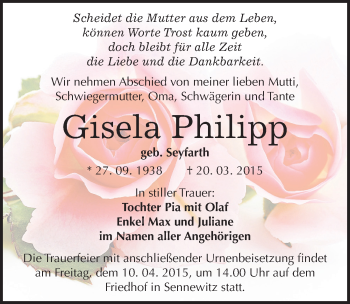 Traueranzeige von Gisela Philipp von Mitteldeutsche Zeitung Halle/Saalkreis