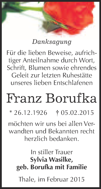 Traueranzeige von Franz Borufka von WVG - Wochenspiegel Quedlinburg