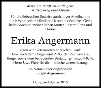 Traueranzeige von Erika Angermann von Mitteldeutsche Zeitung Halle/Saalkreis