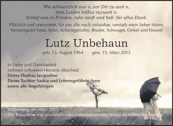 Traueranzeige von Lutz Unbehaun von WVG - Wochenspiegel Wittenberg