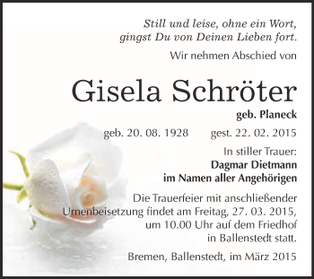Traueranzeige von Gisela Schröter von WVG - Wochenspiegel Quedlinburg
