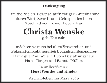 Traueranzeige von Christa Wenske von Super Sonntag Aschersleben