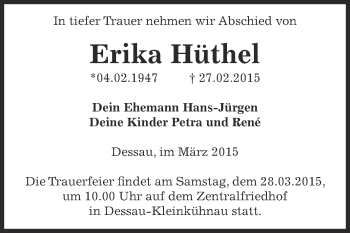Traueranzeige von Erika Hüthel von WVG - Wochenspiegel Dessau / Köthen