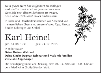 Traueranzeige von Karl Heinel von WVG - Wochenspiegel Merseburg
