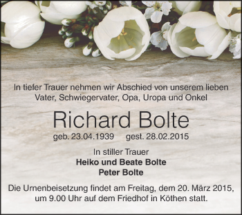 Traueranzeige von Richard Bolte von WVG - Wochenspiegel Dessau / Köthen