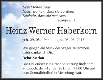 Traueranzeige von Heinz Werner Haberkorn von WVG - Wochenspiegel Merseburg