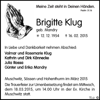 Traueranzeige von Brigitte Klug von WVG - Wochenspiegel NMB / WSF / ZTZ