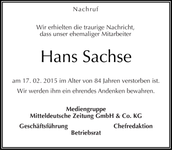 Traueranzeige von Hans Sachse von Mitteldeutsche Zeitung Halle/Saalkreis