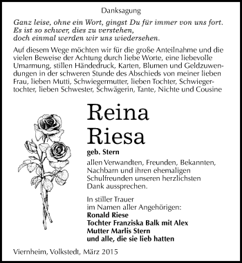 Traueranzeige von Reina Riesa von Mitteldeutsche Zeitung Mansfelder Land