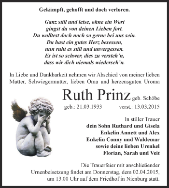 Traueranzeige von Ruth Prinz von Super Sonntag Bernburg