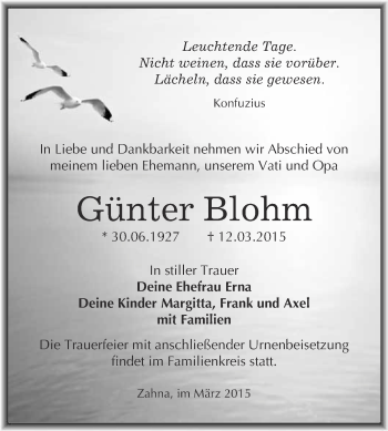 Traueranzeige von Günter Blohm von Super Sonntag Wittenberg