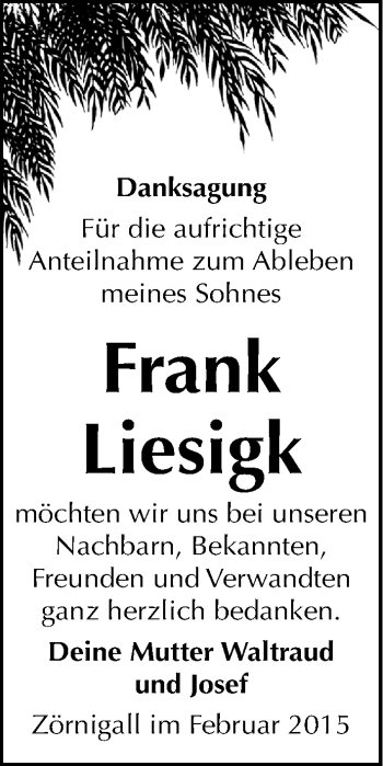 Traueranzeige von Frank Liesigk von Mitteldeutsche Zeitung Wittenberg
