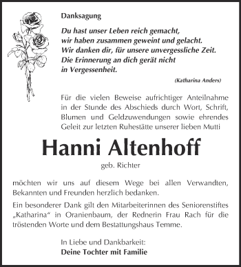 Traueranzeige von Hanni Altenhoff von WVG - Wochenspiegel Bitterfeld