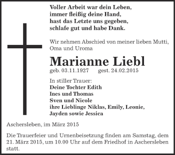 Traueranzeige von Marianne Liebl von Super Sonntag Aschersleben