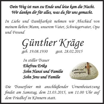 Traueranzeige von Günther Kräge von Super Sonntag Bernburg
