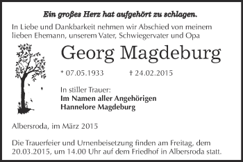 Traueranzeige von Georg Magdeburg von WVG - Wochenspiegel Merseburg