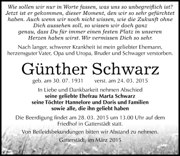 Traueranzeige von Günther Schwarz von Mitteldeutsche Zeitung Merseburg/Querfurt