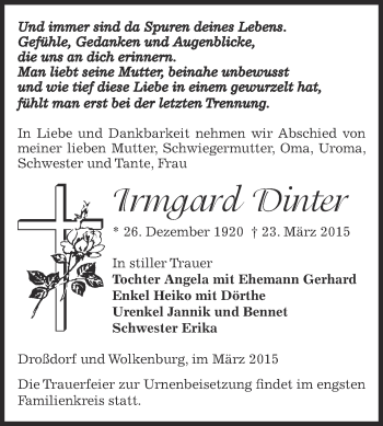 Traueranzeige von Irmgard Dinter von Super Sonntag Zeitz