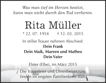 Traueranzeige von Rita Müller von WVG - Wochenspiegel Wittenberg