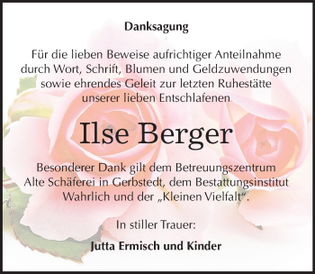 Traueranzeige von Ilse Berger von Mitteldeutsche Zeitung Mansfelder Land
