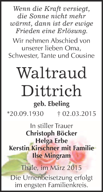 Traueranzeige von Waltraud Dittrich von WVG - Wochenspiegel Quedlinburg