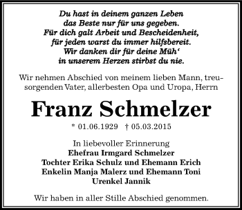 Traueranzeige von Franz Schmelzer von Mitteldeutsche Zeitung Zeitz