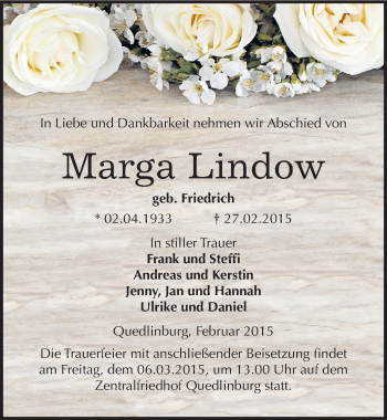 Traueranzeige von Marga Lindow von Mitteldeutsche Zeitung Quedlinburg