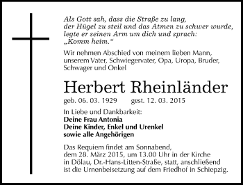 Traueranzeige von Herbert Rheinländer von Mitteldeutsche Zeitung Halle/Saalkreis