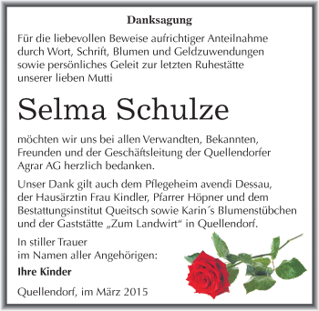 Traueranzeige von Selma Schulze von Mitteldeutsche Zeitung Köthen