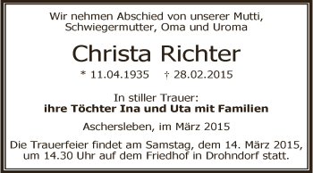 Traueranzeige von Christa Richter von Super Sonntag Aschersleben