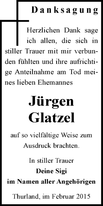 Traueranzeige von Jürgen Glatzel von Mitteldeutsche Zeitung Bitterfeld