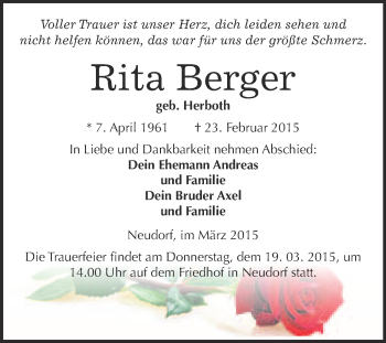Traueranzeige von Rita Berger von Super Sonntag Quedlinburg