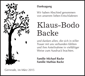 Traueranzeige von Klaus-Bodo Backe von WVG - Wochenspiegel Quedlinburg